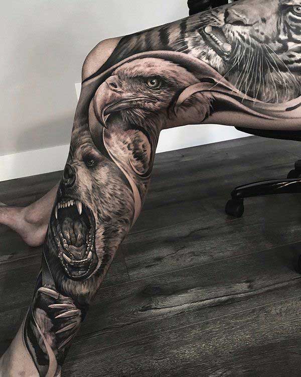 na Perna 8 Águia e Urso tatuados na perna.