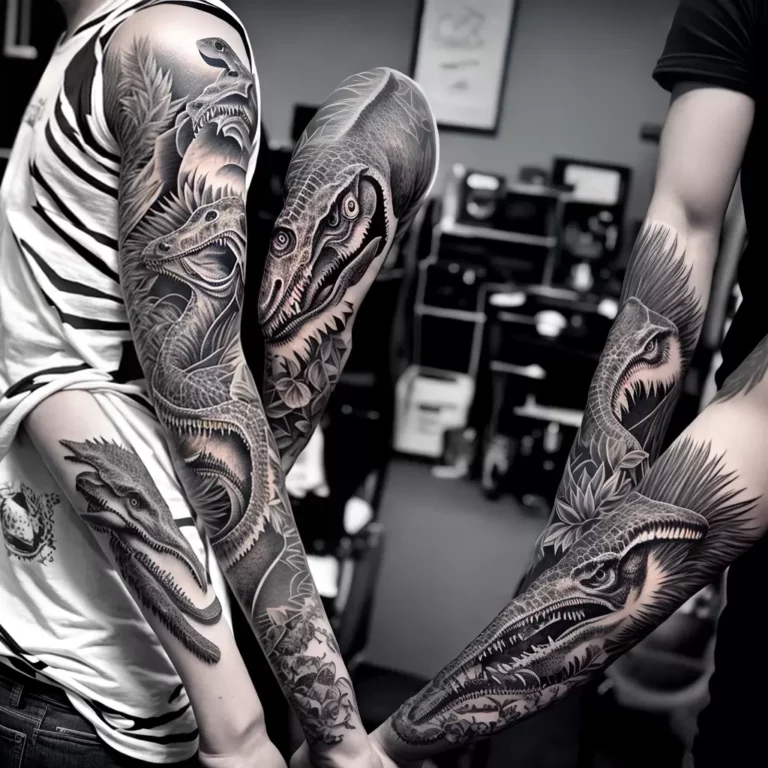 Fotos braco tatuagem dinossauro detalhado scaled Fotos braco tatuagem dinossauro detalhado scaled
