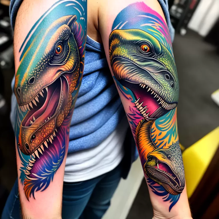 Fotos tattoo t rex braco colorido scaled Fotos tattoo t rex braco colorido scaled