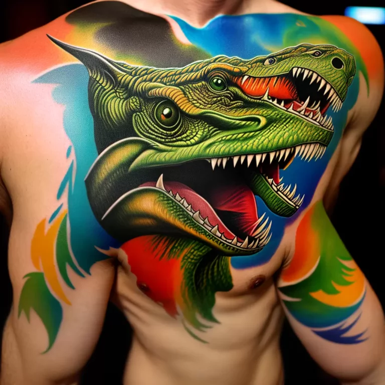 Fotos tatu t rex verde marron laranja biceps scaled Fotos tatu t rex verde marron laranja biceps scaled