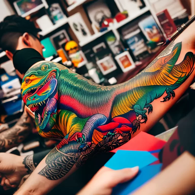 Fotos tatuador dinossauro colorido livros scaled