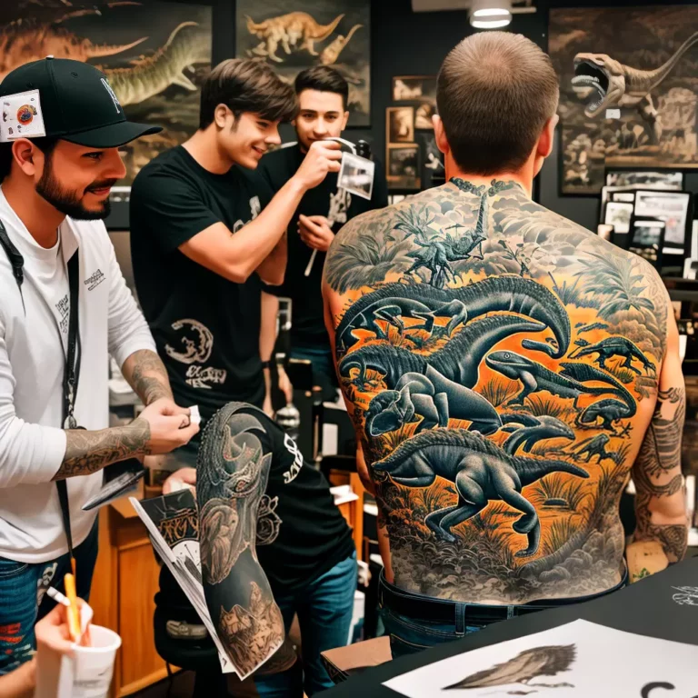 Fotos tatuagem dinossauro artista examinando scaled Fotos tatuagem dinossauro artista examinando scaled