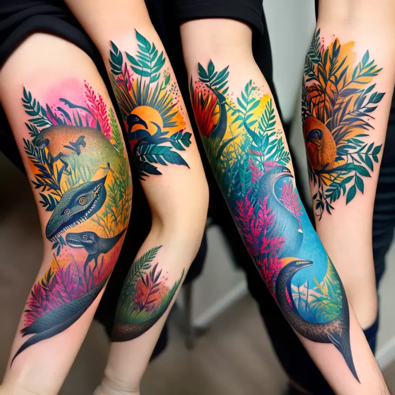 Fotos tatuagem dinossauros folhagem vulcao scaled Fotos tatuagem dinossauros folhagem vulcao scaled
