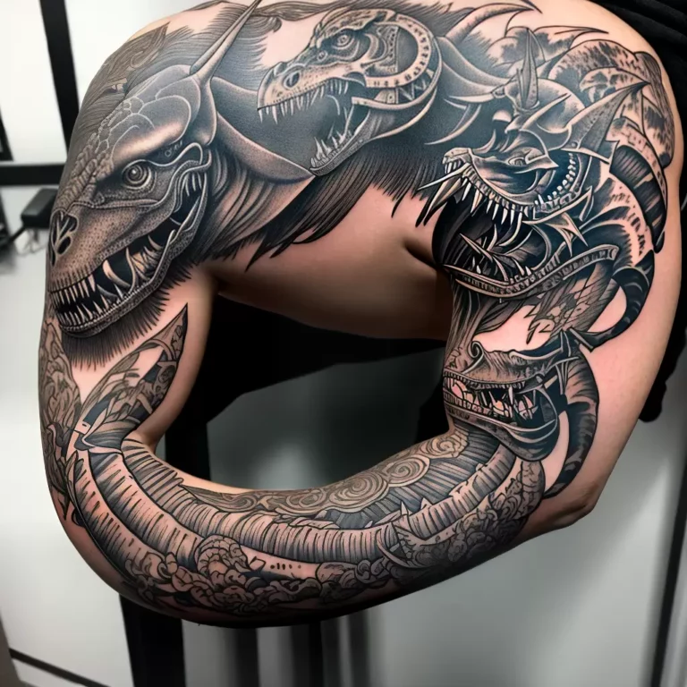 Fotos tatuagem t rex braco detalhado scaled Fotos tatuagem t rex braco detalhado scaled