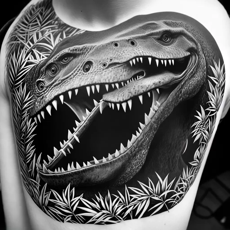 Fotos tatuagem t rex folhagem preto branco scaled