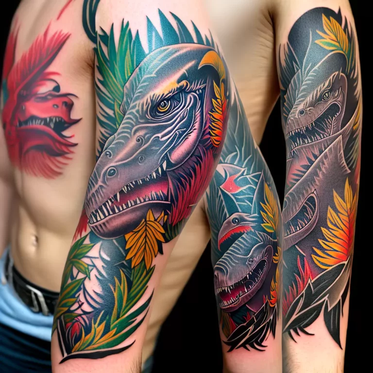 Fotos tatuagem t rex prehistorico braco forte scaled Fotos tatuagem t rex prehistorico braco forte scaled