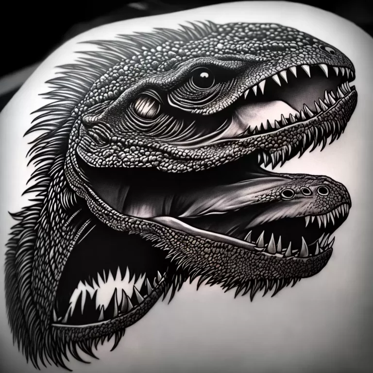 Fotos tatuagem t rex preto branco biceps scaled Fotos tatuagem t rex preto branco biceps scaled