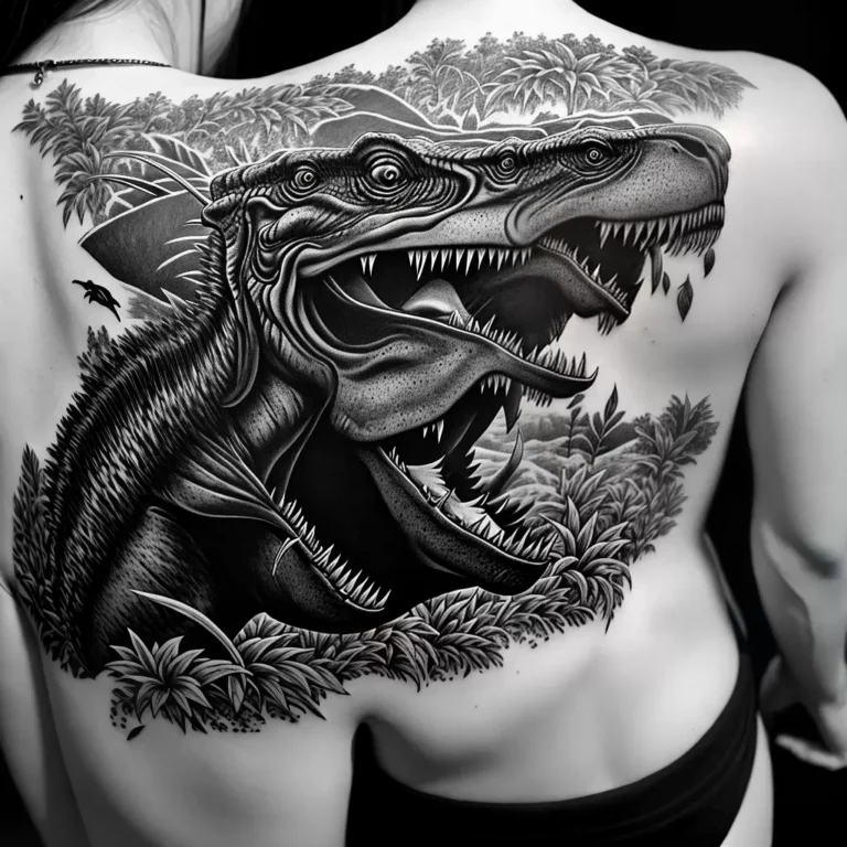 Fotos tatuagem t rex preto branco folhagem 1 scaled Fotos tatuagem t rex preto branco folhagem 1 scaled