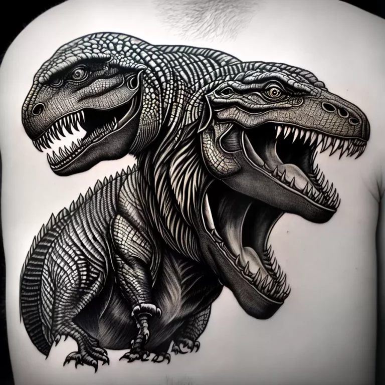 Fotos tatuagem t rex preto branco folhagem ceu scaled