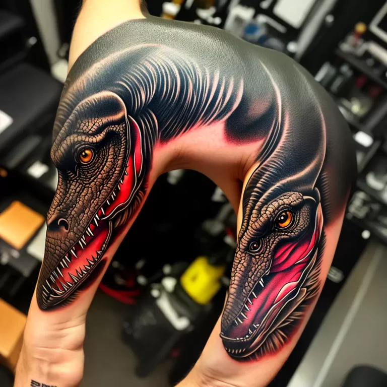 Fotos tatuagem t rex realista braco fundo escuro scaled Fotos tatuagem t rex realista braco fundo escuro scaled